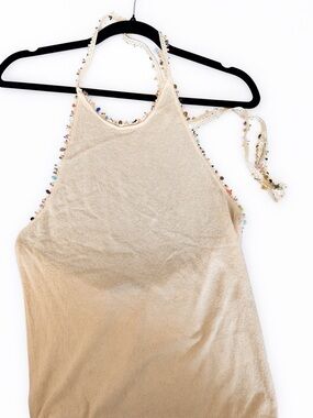 Christopher Esber Beige Halter Tank with Multicolor Bead Trim